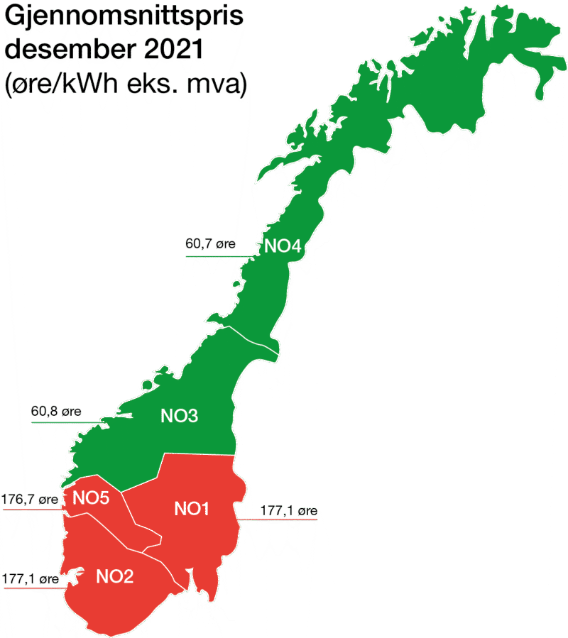 Norgeskart med fem inndelinger